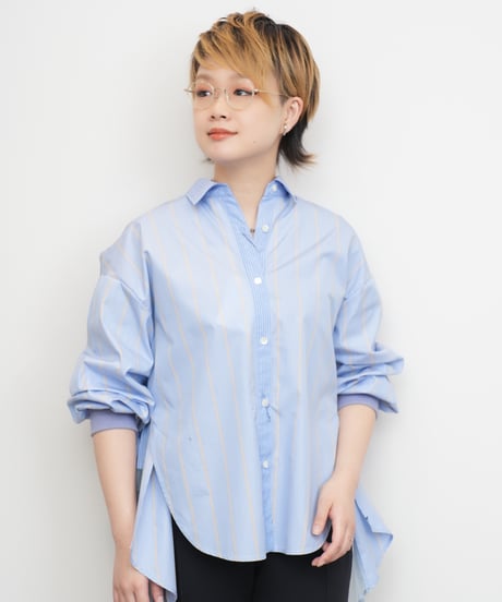 【Lallia Mû】ギャザーレイヤードプリーツストライプシャツ_250213002262