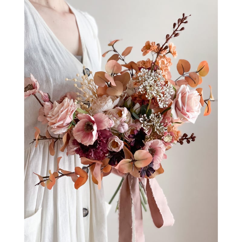 アンティークブーケ ブートニアテラコッタピンク くすみカラー ウェディング前撮り アンティークブーケ ブートニアテラコッタピンク くすみカラー