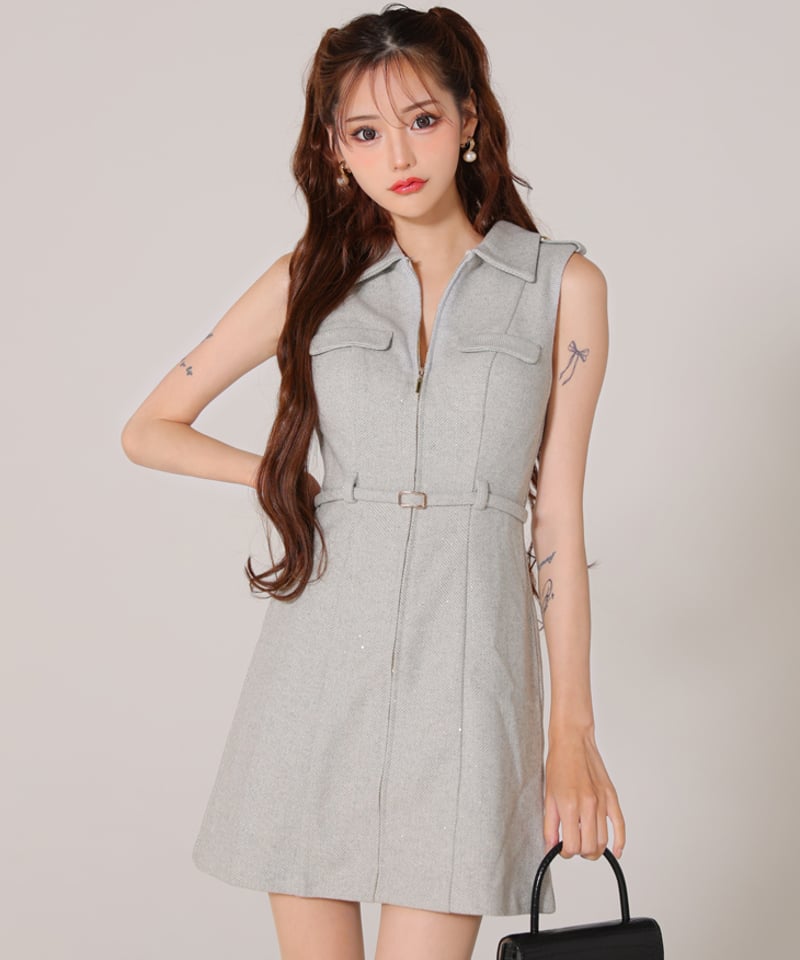 XSサイズあり】襟付きバストジップノースリーブベルトデザインミニ