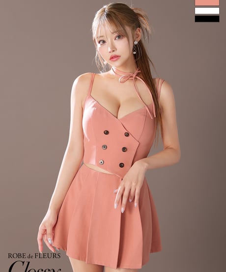 【XSサイズあり】チョーカー付きダブルボタンセットアップキャミキャバドレス(GL3289)