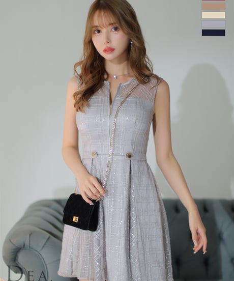 【XS～Lサイズあり】チェック柄刺繍レースフレアミニドレス(DE3502)