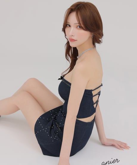 【XSサイズあり】Leather ribbon denim bare setup mini dress (anier4048)