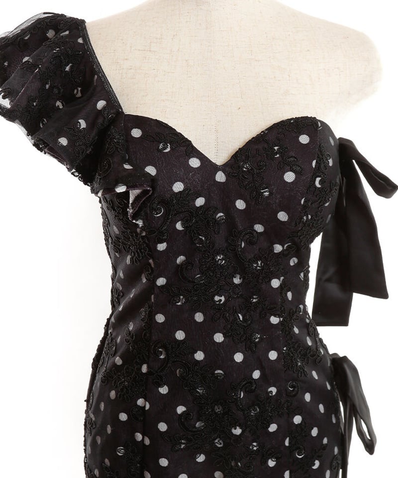 ANDRESD 黒ドレス ドット柄 シフォン袖 セール】アシンメトリータックドレス / asymmetry tack dress