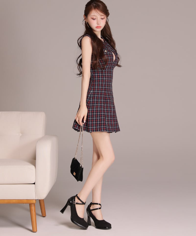 XSサイズあり】チェックノースリーブバストカットプリーツミニ