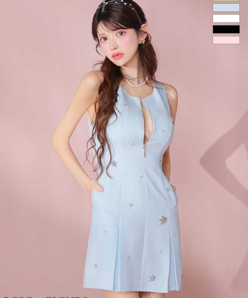 XSサイズあり】バストジップノースリーブビジューミニキャバドレス