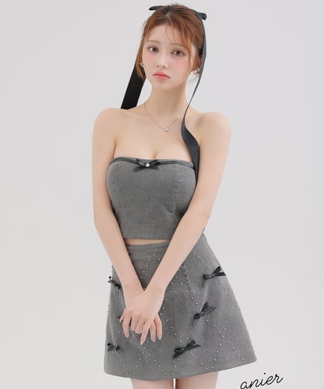 【XSサイズあり】Leather ribbon denim bare setup mini dress (anier4048)