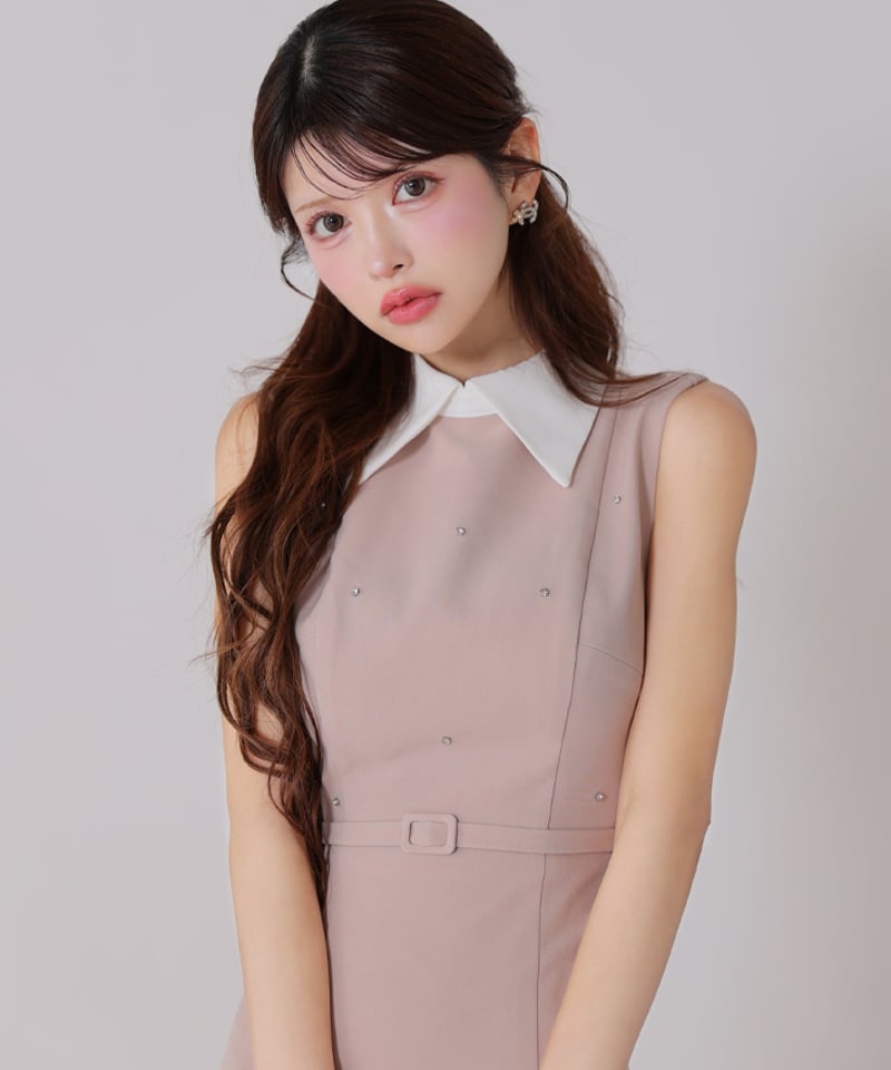 セルフポートレート ノースリーブタイトフィットドレス 黒 S ストライプセットアップ/ノースリーブ/開襟/谷間見せ/背中隠し