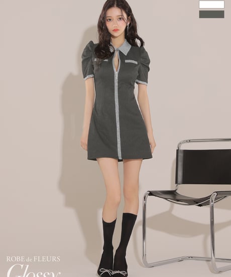 【XSサイズあり】襟付きラメニットパイピングミニキャバドレス(GL3349)