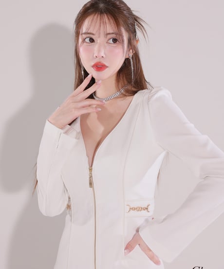 【XSサイズあり】センタージップデザインロングスリーブシンプルミニキャバドレス(GL3907)