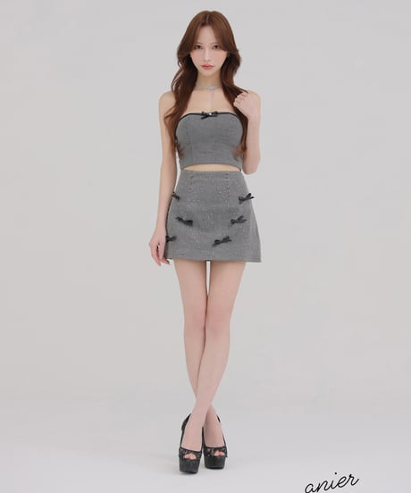 【XSサイズあり】Leather ribbon denim bare setup mini dress (anier4048)