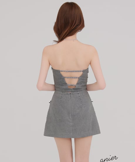 【XSサイズあり】Leather ribbon denim bare setup mini dress (anier4048)