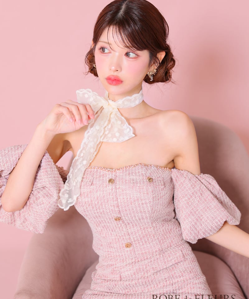 XSサイズあり】ニットツイードオフショルセットアップタイトミニキャバ