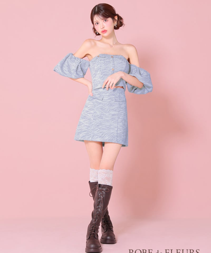 XSサイズあり】ニットツイードオフショルセットアップタイトミニキャバ