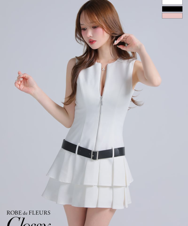 XSサイズあり】ベルト付きノースリーブセンタージップフレアミニ