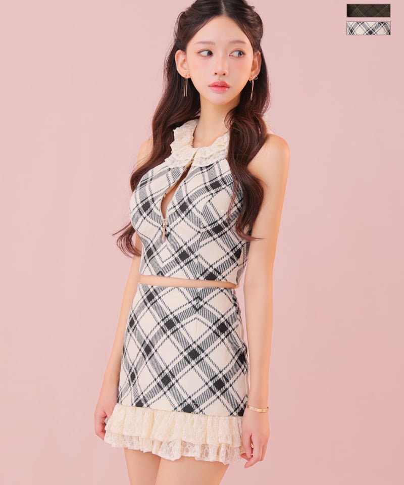 レースチェックバストジップセットアップミニキャバドレス XSサイズあり】レースチェックバストジップセットアップミニキャバ