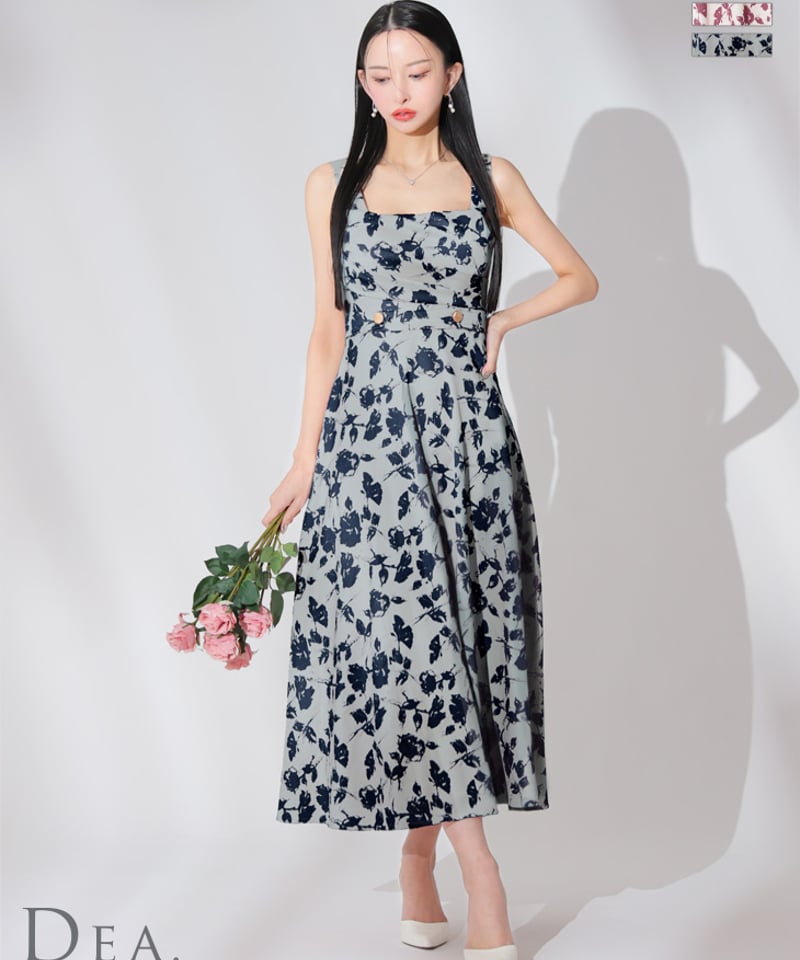 Lサイズあり】花柄スクエアネックフレアロングキャバドレス(DE3382