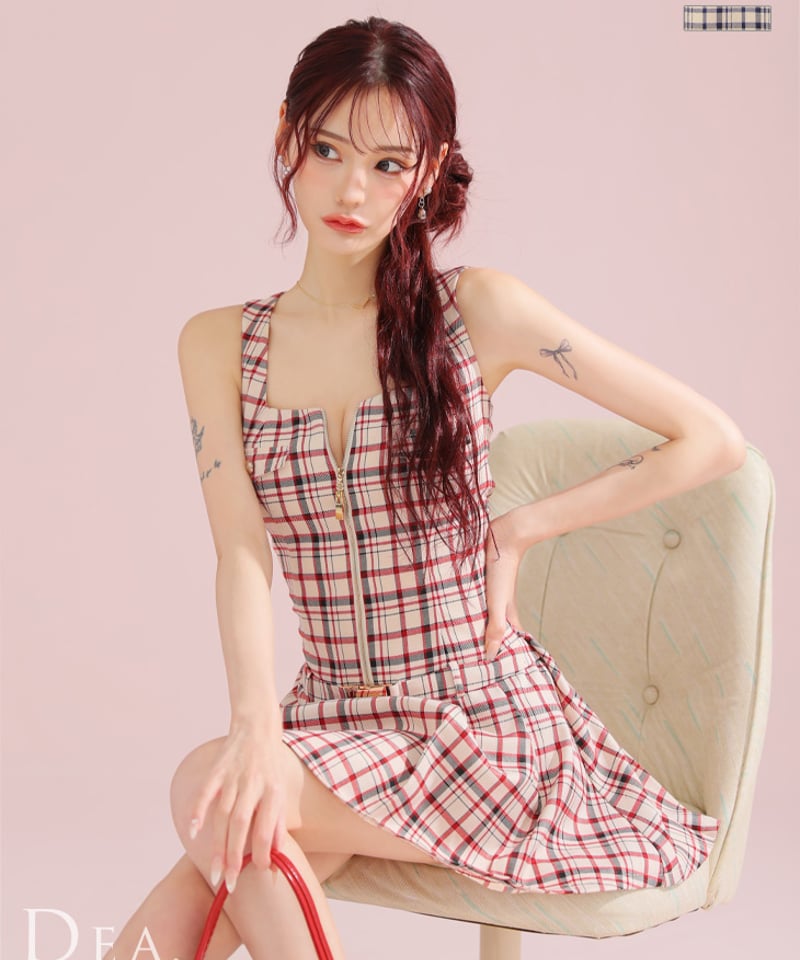 XSサイズあり】チェックノースリーブベルトデザインミニキャバドレス