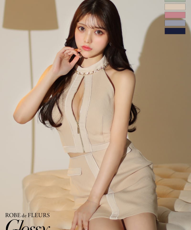 XSサイズあり】フロントジッパーxリブニットセットアップキャバドレス  