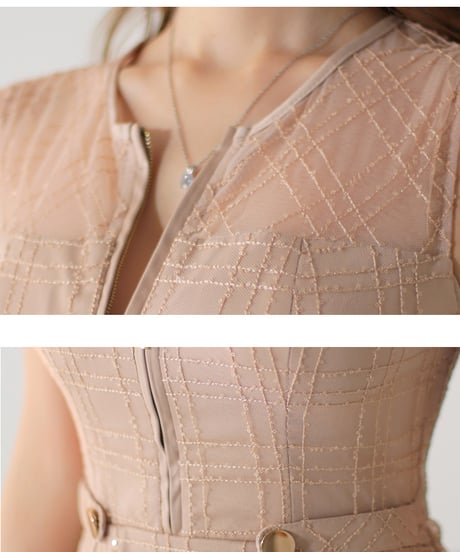【XS～Lサイズあり】チェック柄刺繍レースフレアミニドレス(DE3502)