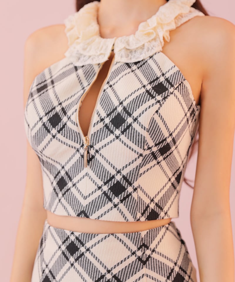 XSサイズあり】レースチェックバストジップセットアップミニキャバ