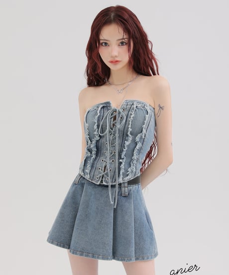 【XSサイズあり】Denim race up belt setup mini dress (anier4049)