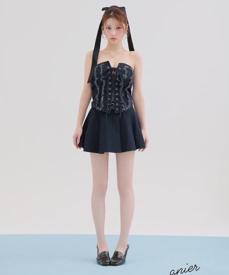 【XSサイズあり】Denim race up belt setup mini dress (anier4049)