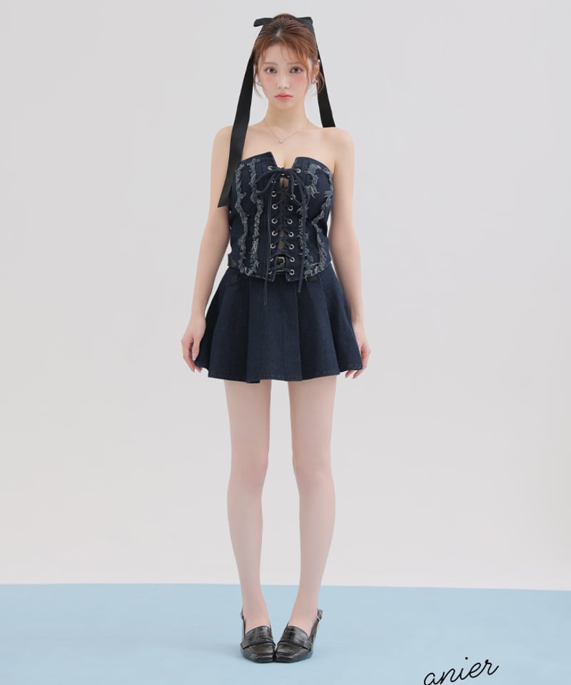 XSサイズあり】Denim race up belt setup mini dress (a