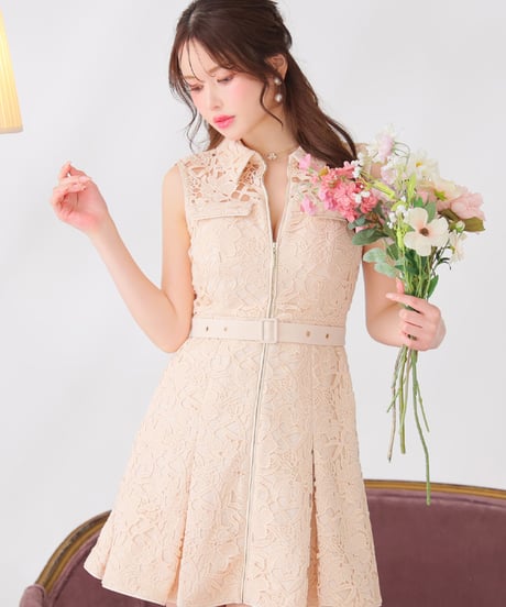 【Lサイズあり】ナチュラルレースバストジップベルトプリーツミニキャバドレス(DE3546)
