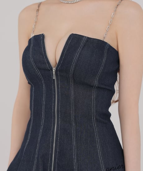 【XSサイズあり】Denim center zip flare setup mini dress (anier4050)