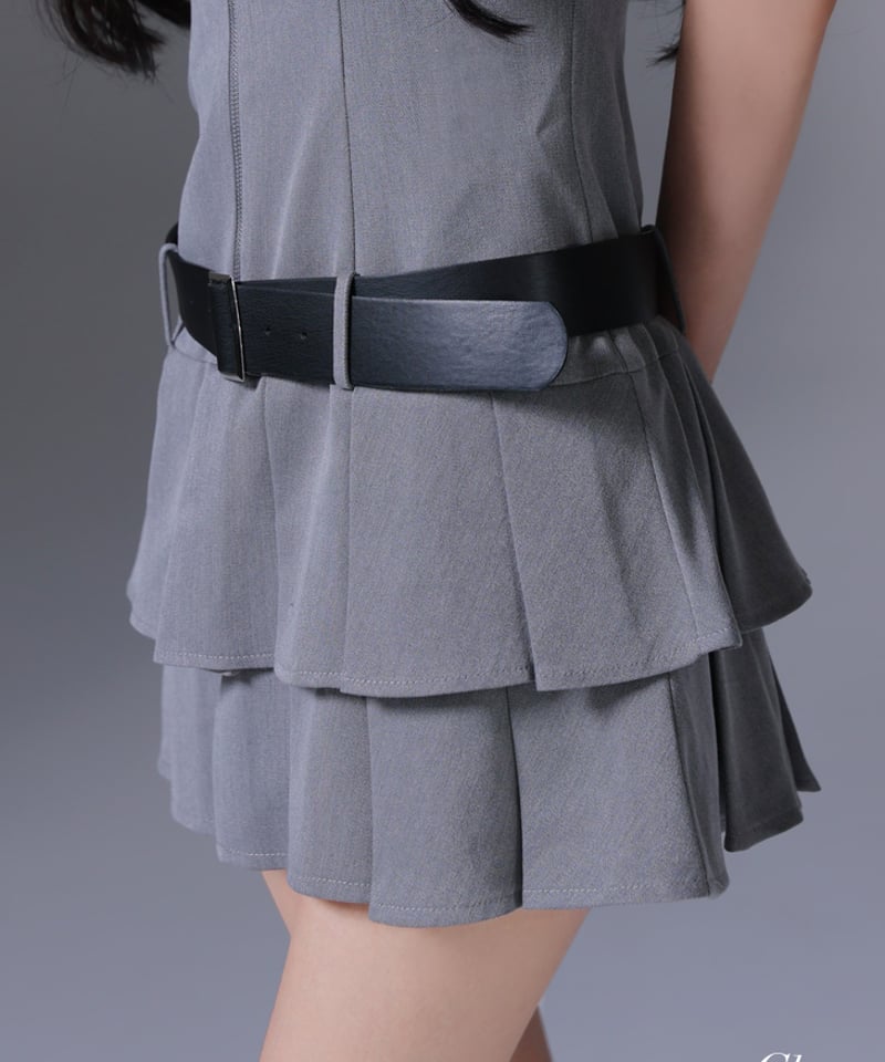 XSサイズあり】ベルト付きノースリーブセンタージップフレアミニキャバ