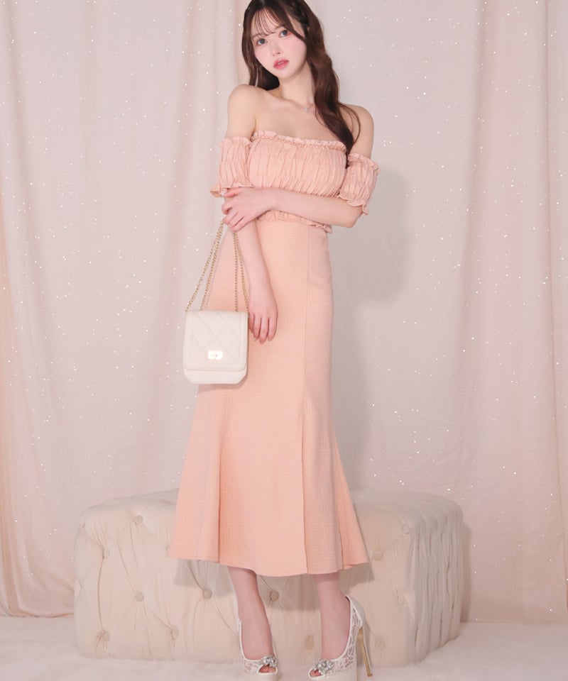 Lサイズあり】トップギャザーオフショルロングキャバドレス(DE3419