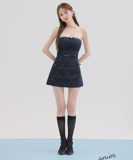 【XSサイズあり】Leather ribbon denim bare setup mini dress (anier4048)
