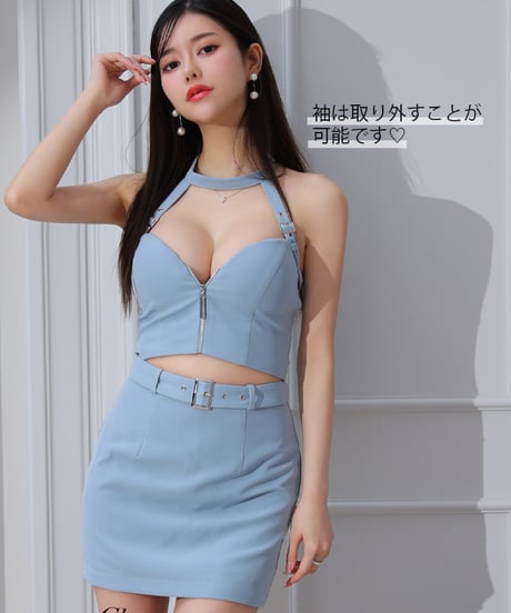 【XSサイズあり】2way♥ホルターリボンネックオフショルダーセットアップミニキャバドレス(GL3171)
