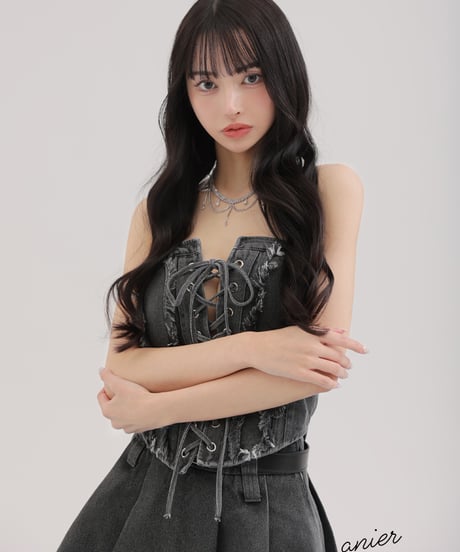 【XSサイズあり】Denim race up belt setup mini dress (anier4049)