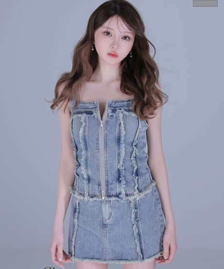 【XS〜Lサイズあり】フリンジデニムセットアップミニキャバドレス (GL4363)