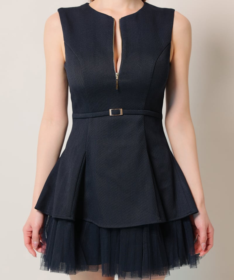 ノースリーブベルトデザインチュールミニキャバドレス(DE3444) ノースリーブベルトデザインチュールミニキャバドレス(DE3444