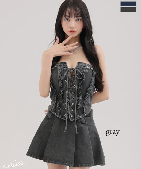 【XSサイズあり】Denim race up belt setup mini dress (anier4049)