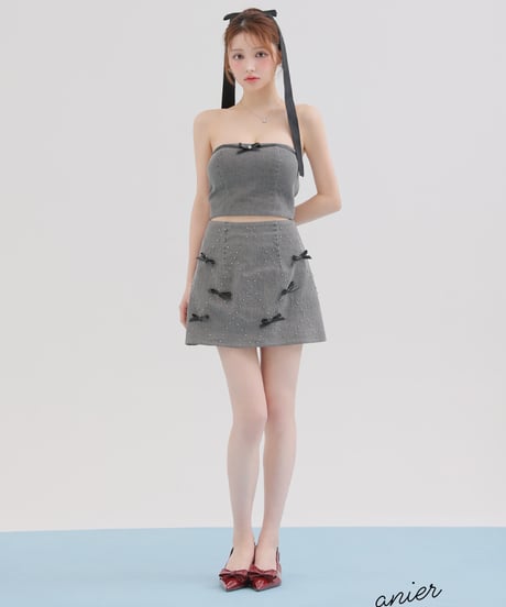 【XSサイズあり】Leather ribbon denim bare setup mini dress (anier4048)