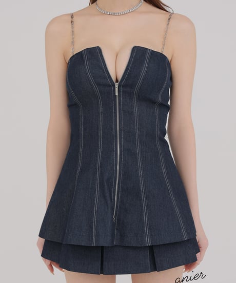 【XSサイズあり】Denim center zip flare setup mini dress (anier4050)
