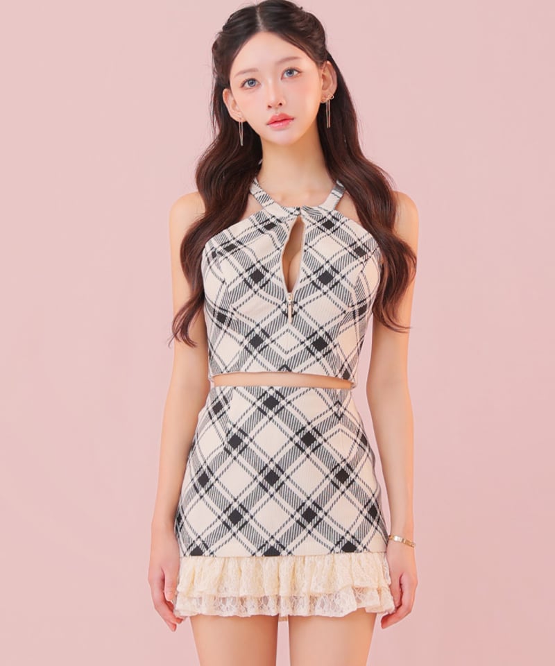 XSサイズあり】レースチェックバストジップセットアップミニキャバ