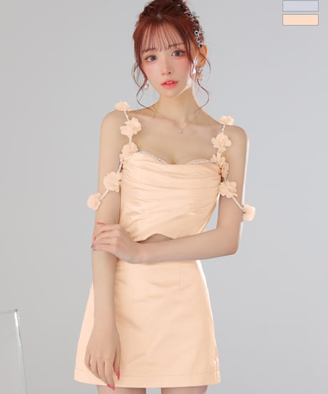 【XSサイズあり】パーツ取り外し可能♡フラワーストラップサテンセットアップミニキャバドレス(fm3461)