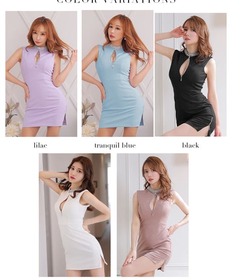 【XSサイズあり】ビジューネック×バストジッパーシンプルミニドレス【ストレッチあり】(GL2836)