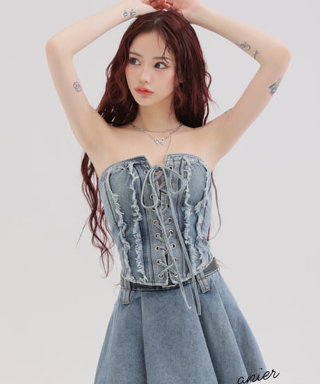【XSサイズあり】Denim race up belt setup mini dress (anier4049)