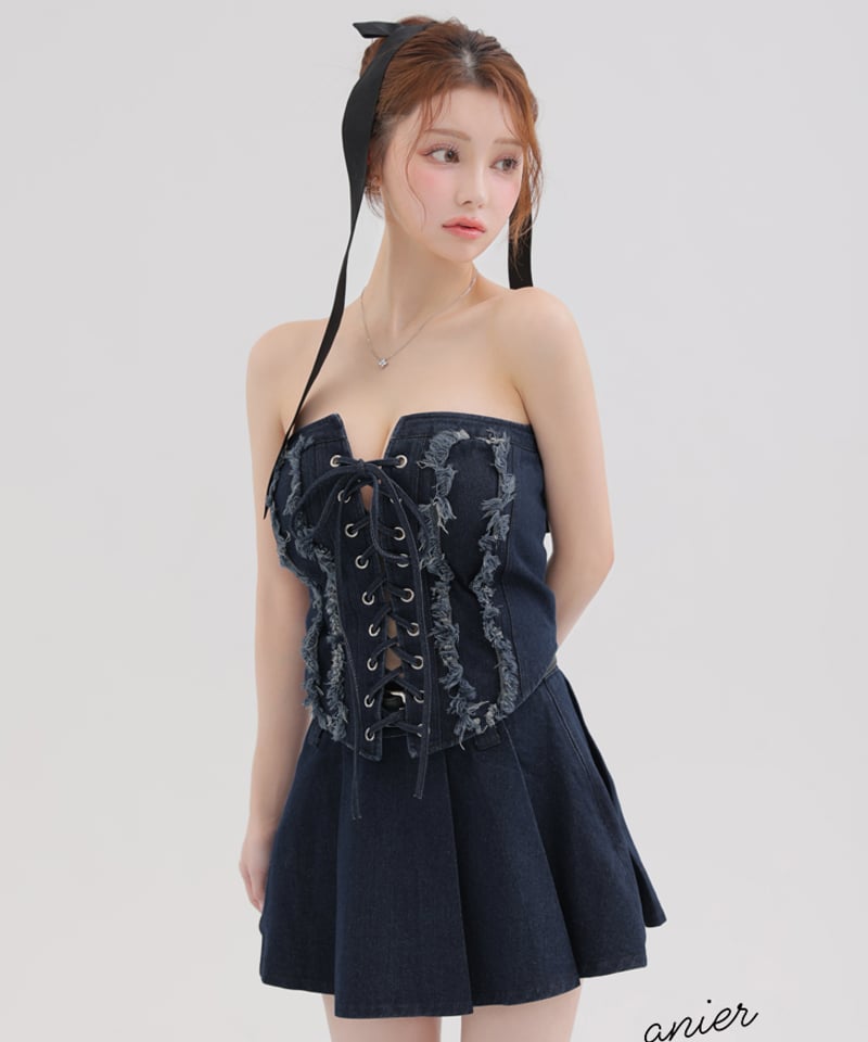XSサイズあり】Denim race up belt setup mini dress (a