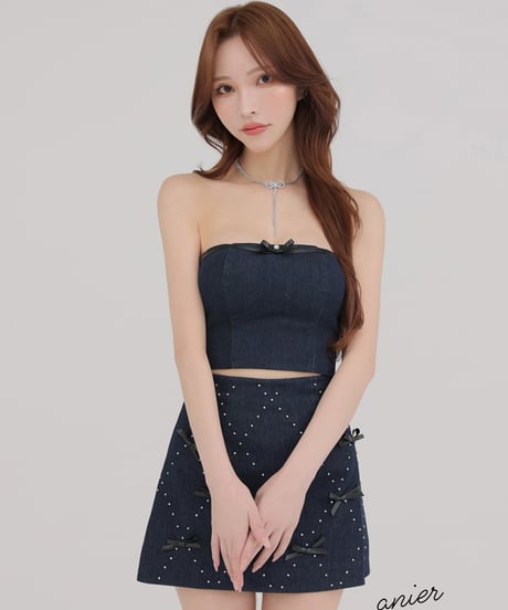 【XSサイズあり】Leather ribbon denim bare setup mini dress (anier4048)
