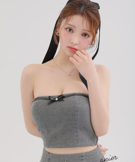 【XSサイズあり】Leather ribbon denim bare setup mini dress (anier4048)