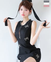 【XSサイズあり】リボンビジューノースリーブミニキャバドレス(fm3454)
