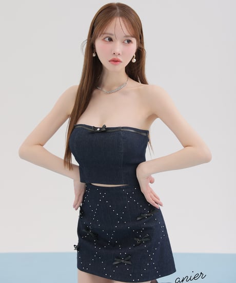 【XSサイズあり】Leather ribbon denim bare setup mini dress (anier4048)