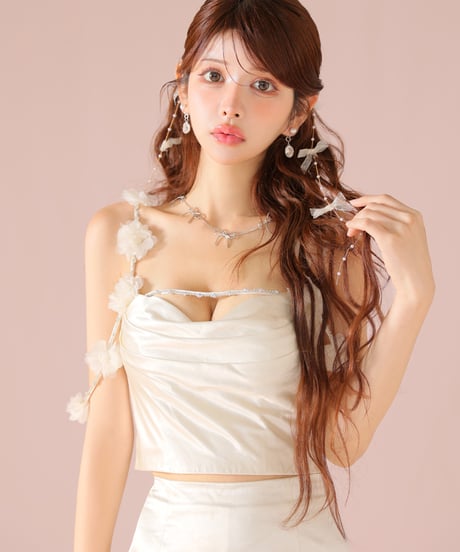 【XSサイズあり】パーツ取り外し可能♡フラワーストラップサテンセットアップミニキャバドレス(fm3461)