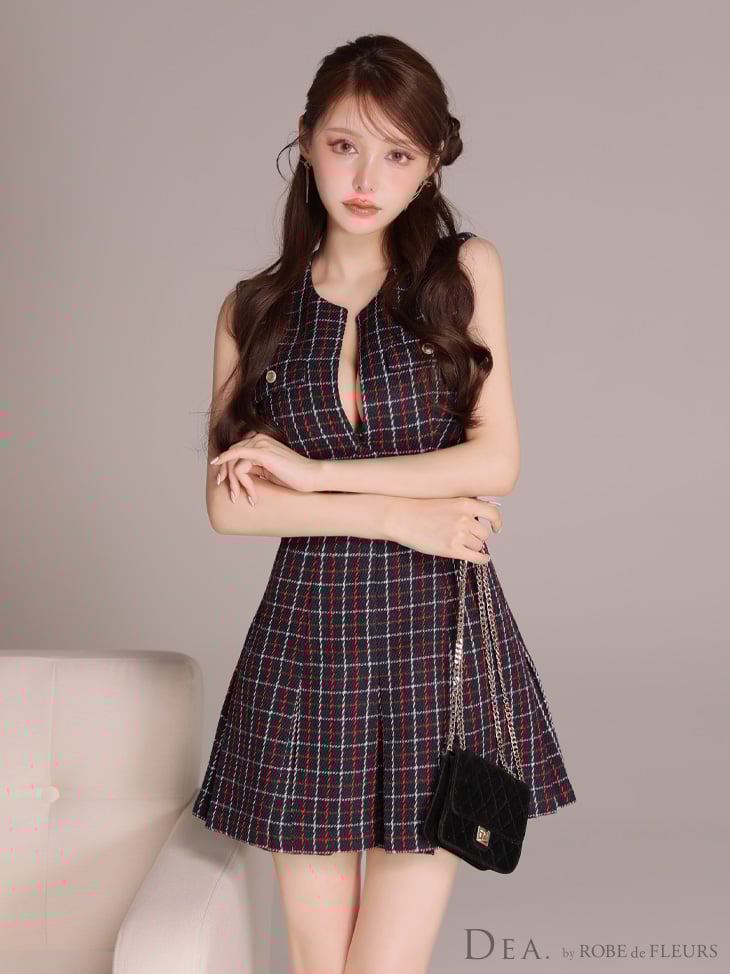 XSサイズあり】チェックノースリーブバストカットプリーツミニキャバ